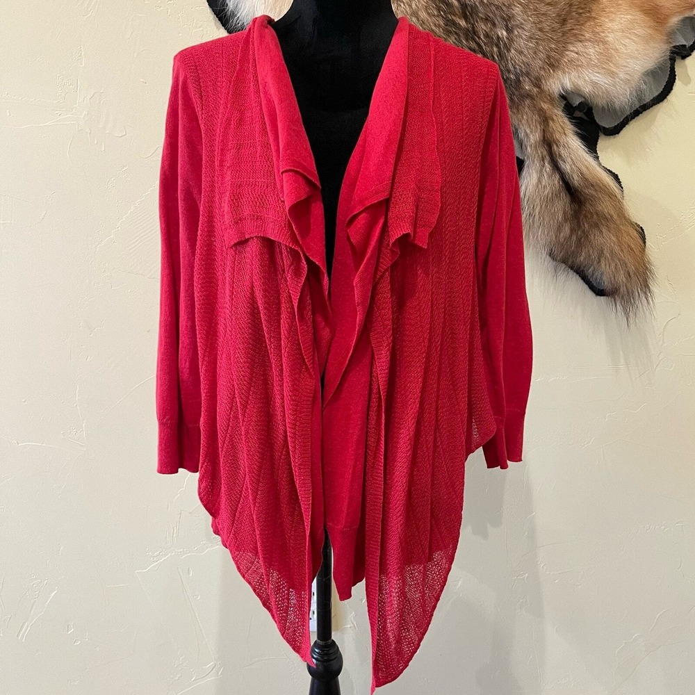 Lauren Ralph Lauren Large Red Waterfall Open Front Cardigan Lagenlook Artsy Work